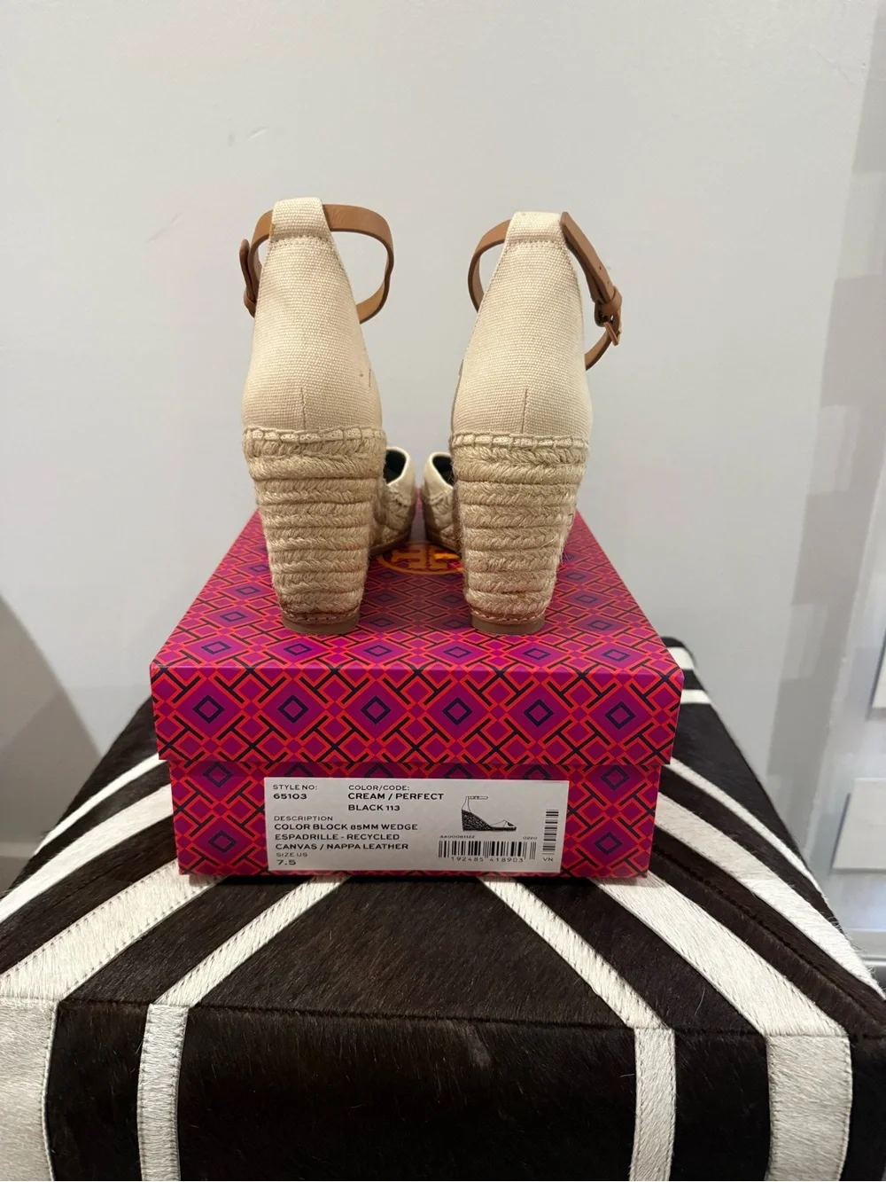 Tory Burch Cream Canvas Espadrille Wedge with Black Cap Toe